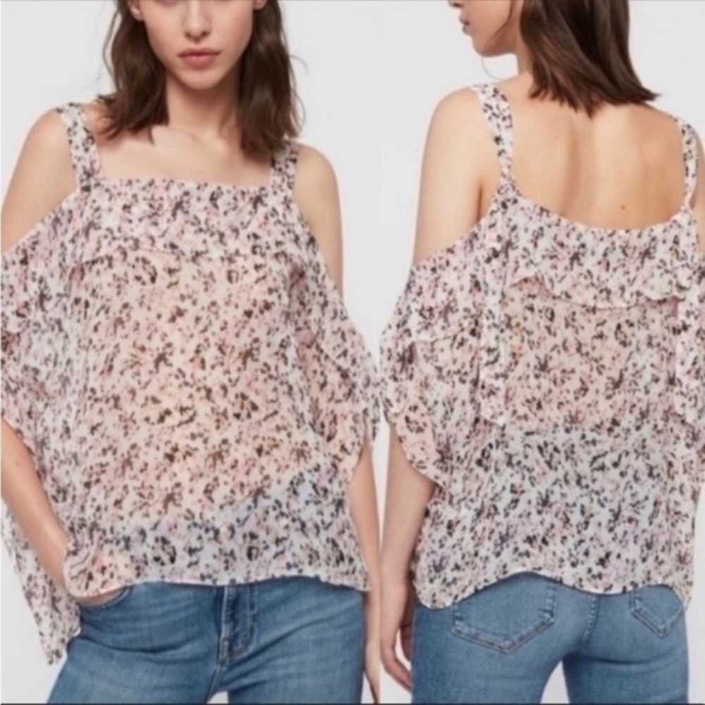 ALL SAINTS MIO FREEFALL SHEER CHALK WHITE DITZY FLORAL ASYMMETRICAL TOP S